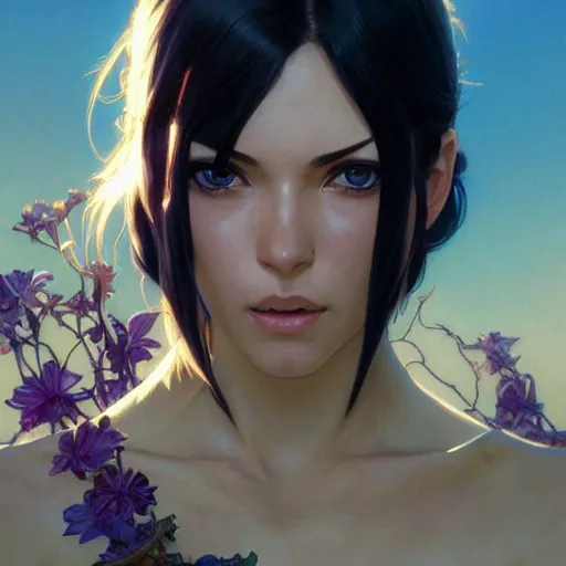 Image similar to highly detailed vfx portrait of nico robin, greg rutkowski, makoto shinkai, alphonse mucha, sharp focus, art by artgerm and greg rutkowski, backlit, harsh overhead sunlight, blue eyes,