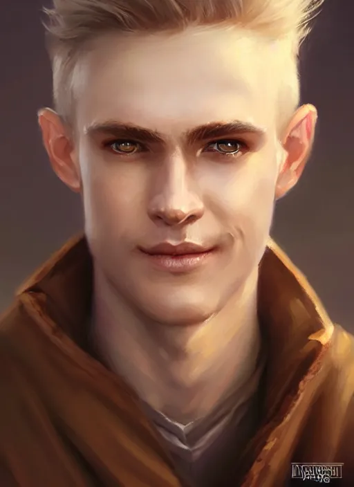 Image similar to a _ fantasy _ style _ portrait _ painting _ of white male short fringe light brown hair short head smiling clean shaven round face rpg dnd oil _ painting _ unreal _ 5 _ daz. _ rpg _ portrait _ extremely _ detailed _ artgerm _ greg _ rutkowski _ greg