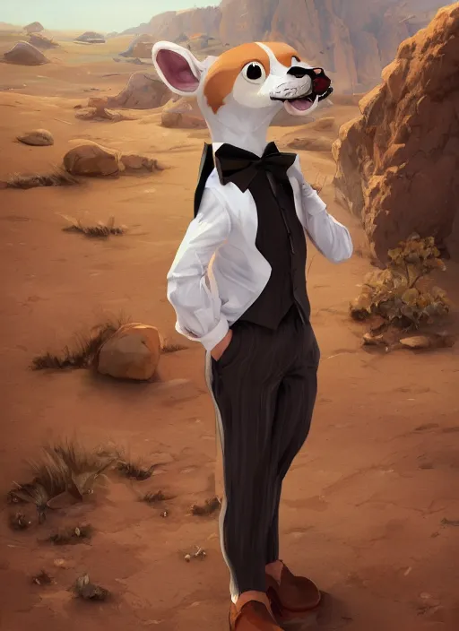 Image similar to Character portrait of a happy furry cartoon anthro stoat wearing a white_dress_shirt, tan_vest, red_bowtie, and black_slacks in the desert wilderness, intricate, elegant, highly detailed, digital painting, artstation, concept art, smooth, sharp focus, illustration, art by Krenz Cushart and Artem Demura and alphonse mucha