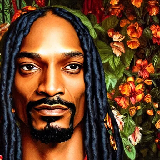 Prompt: amazing artgerm portrait of snoop doggy dogg as a preraphaelite painting, collaboration with j. scott campbell and artgerm with edward burn jones