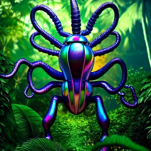 Image similar to giant iridescent bug creature is lush jungle, raning, foggy, moody, :: by Jeff Koons, Dan McPharlin Daniel Merrian :: ornate, dynamic, particulate, rich colors, intricate, elegant, highly detailed, centered, artstation, smooth, sharp focus, octane render, 3d