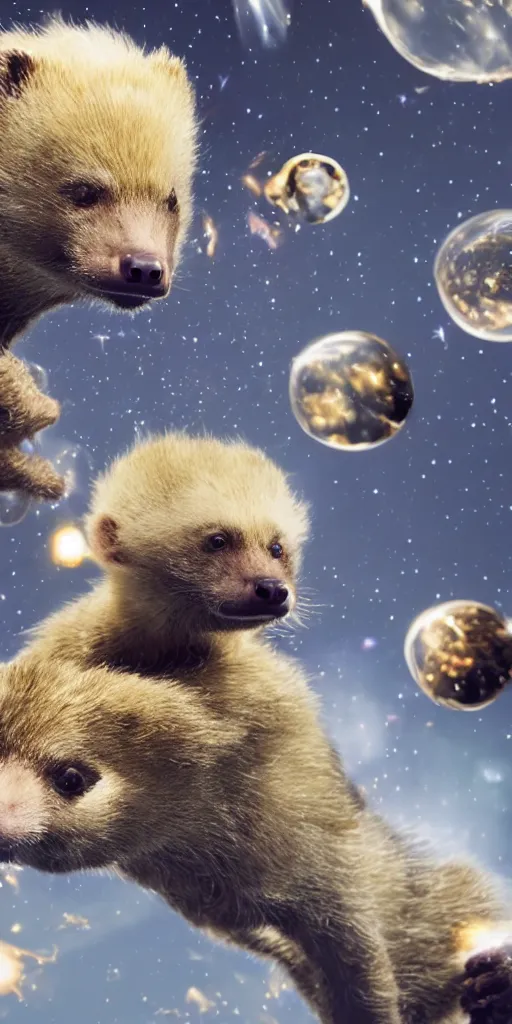 Prompt: ultra realistic honey badger floating in space suits floating in space, 4 k, 8 k, nebula, universe, many stars, space station