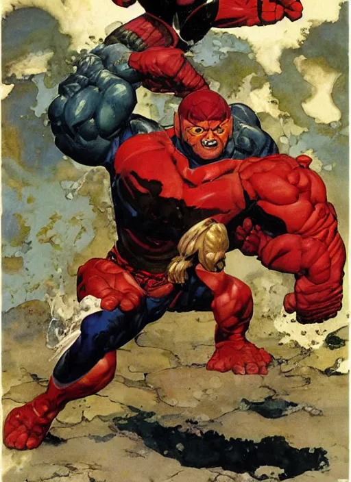 Image similar to full body and head portrait of marvel mutant juggernaut, dynamic action, painted by norman rockwell and phil hale and greg staples and tom lovell and frank schoonover and jack kirby