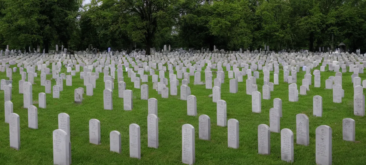 Prompt: graveyard where all the gravestones are arranged like dominoes that are falling over in line