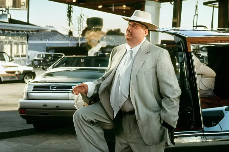 Image similar to cinematic still of portly clean-shaven white man wearing suit and necktie and boater hat as car salesman in 1994 film, XF IQ4, f/1.4, ISO 200, 1/160s, 8K, RAW, dramatic lighting, symmetrical balance, in-frame