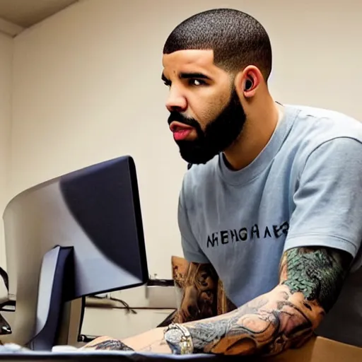 Image similar to The rapper drake playing fortnite on his computer