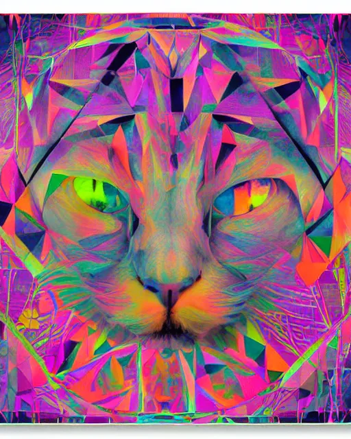 Image similar to a tribe of fluffy cats interweaved hide and seek within an abstract representative geometric art, by Hannah af Klint, Henriëtte Ronner-Knip and Felipe Pantone, theosophy series mixed media 4K detailed kitsch digital painting with pop fluorescent spray paint, and typographic annotation, symmetrical, rule of thirds