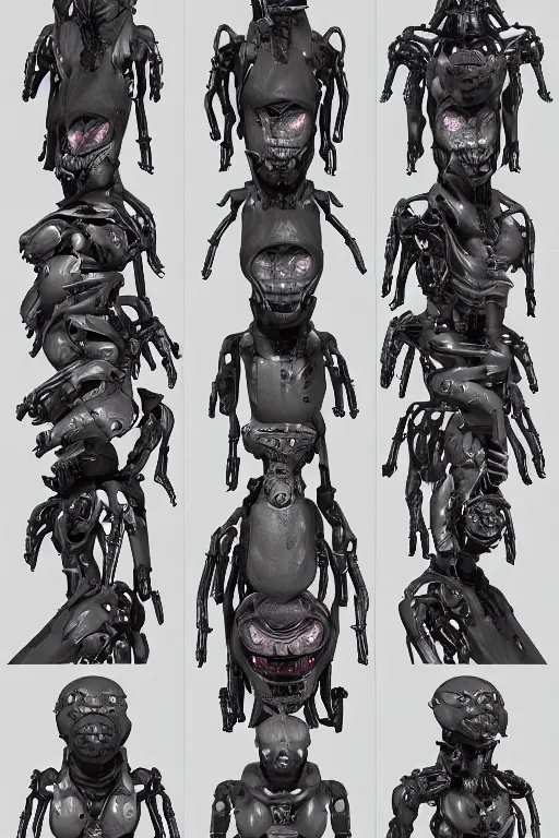 Image similar to cyborg space spider with gunmetal grey skin, medical anatomy, cyberpunk face, highly detailed, japanese, mecha asthetic, mechanical implants, three - view reference sheet ( front / back / side ), in the style of dan ouellette, dren from splice, hr giger, sil from species, artstation, unreal engine