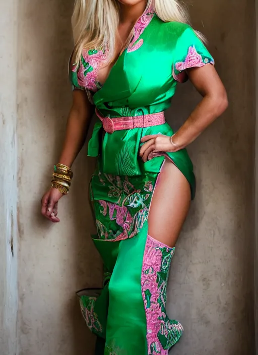 Image similar to portrait of lindsey pelas wearing green kebaya with pink silk belt and batik skirt, by charlotte grimm, natural light, detailed face, beautiful features, symmetrical, canon eos c 3 0 0, ƒ 1. 8, 3 5 mm, 8 k, medium - format print, half body shot