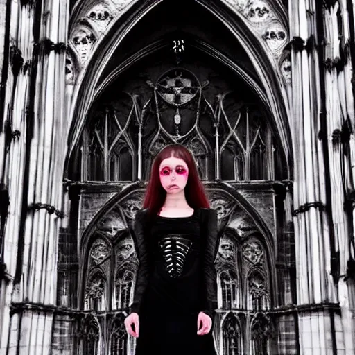 Image similar to gothic girl dressed in black, perfect face, macro head shot, behind her a gothic cathedral, perfect photo, wide lens, no decaying lines, the windows of the cathedral are reflecting red flame lights, delicate mandala intricate ornaments