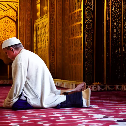 Image similar to Trump praying in mosque, award winning cinematic photography, 50 mm, blurred background, perfect faces