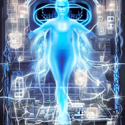 Prompt: blue electric ghost coming out of a computer screen inside an office, fantasy illustration, magazine image, story cover