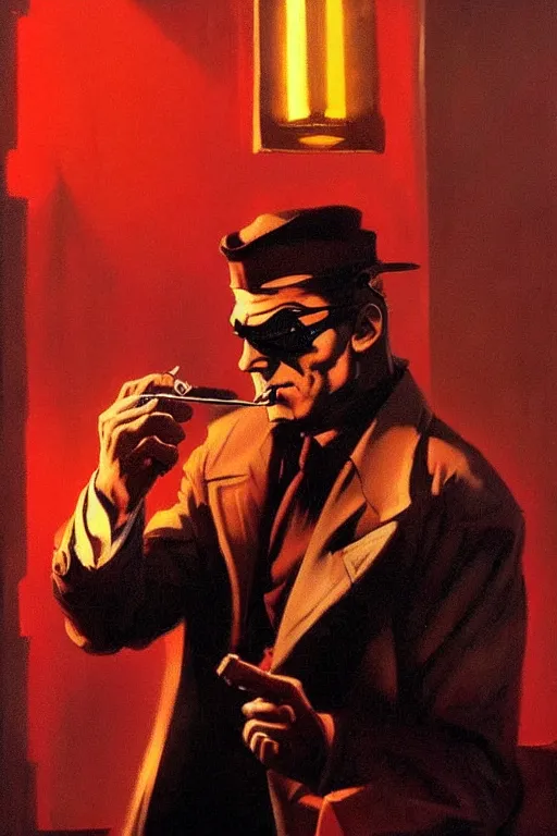 Image similar to A mafia boss lighting a cigar in a cyberpunk setting, by Frank Frazetta, dramatic lighting, high contrast colours, as trending on Artstation, highly detailed,