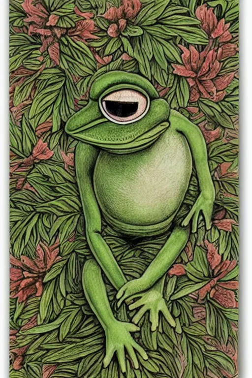 Image similar to pepe the frog, by maria sibylla merian