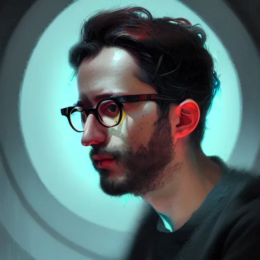 Prompt: portrait of a male italian artist wearing glasses in the darkness colorful, anxiety and depression, intricate, elegant, highly detailed, digital painting, dark background, artstation, concept art, smooth, sharp focus, illustration, by greg rutkowski