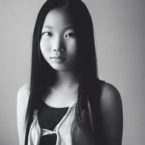 Prompt: black and white photo of an asian girl