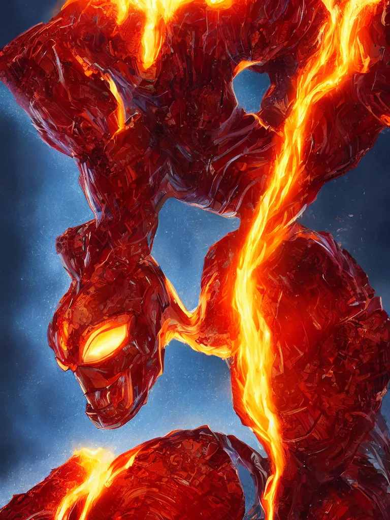 Prompt: human torch, close up, intricate, looking at camera, extremely detailed, sharp focus, concept art, illustration, sci-fi, volumetric lighting, art by Dr. Seuss