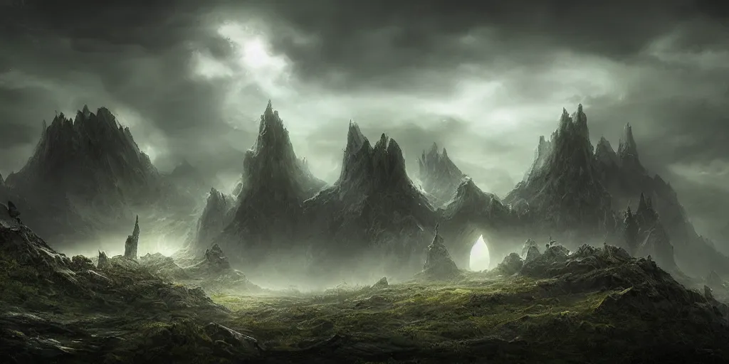 Image similar to dark fantasy world, hyper realistic, sci-fi, landscape, fantasy, nature