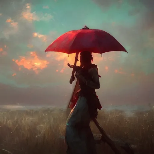 Image similar to ( ( ( red sky with an umbrella ) ) ) by daniel f. gerhartz and matt stewart, fantasy, photorealistic, octane render, unreal engine, dynamic lighting, perfect factions, very detailed faces, trending on artstation, poster, volumetric lighting, 4 k, award winning
