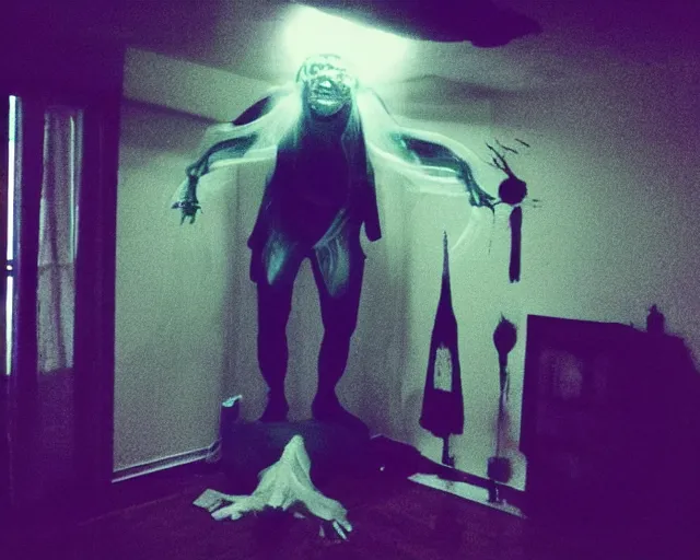 Image similar to transparent horror spirit attacks in living room lights out interior photos shot on iphone, dynamic pose, full body shot, sharp focus, grainy, corpse, paranormal flashlight, deep night,,