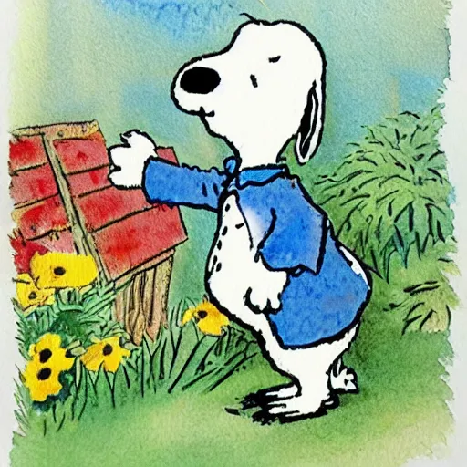 Prompt: Beatrix Potter watercolor illustration of Snoopy in a garden