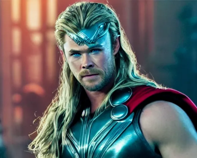 Prompt: chris hemsworth as thor with exaggerated drag queen makeup, cinematic shot, hyper detailed, cinematic