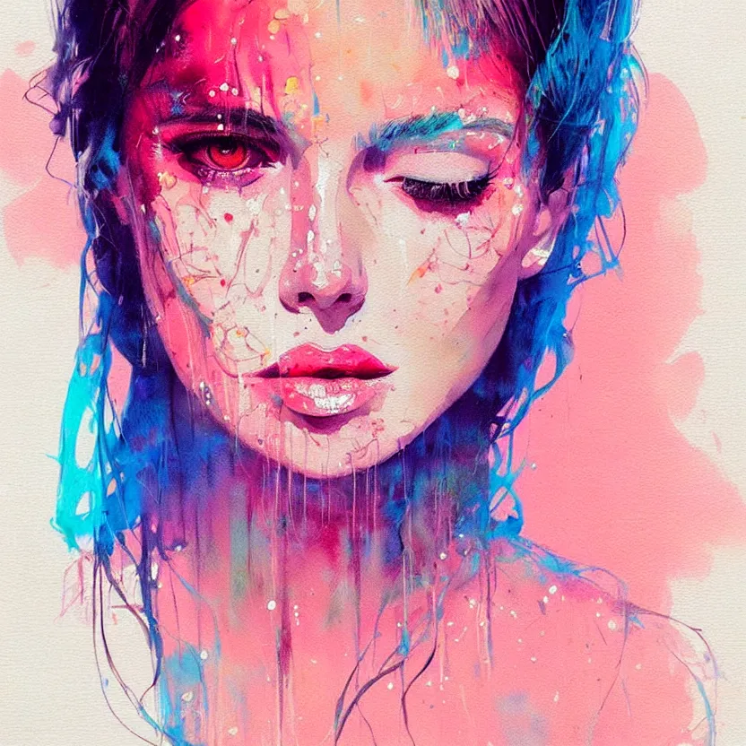 Prompt: close up portrait painting of a female in nineties street styling, concept art, intricate details, aesthetically pleasing pastel colors, art by conrad roset, impressionism, watercolor, portrait