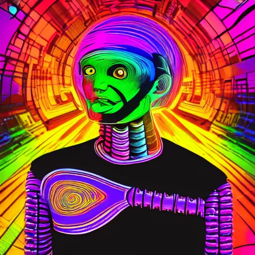 Prompt: photo of a black tshirt with a hyperdetailed portrait of a trippy robot, half robot, half human, 8 k, symetrical, flourescent colors, happy mood, multicolored,