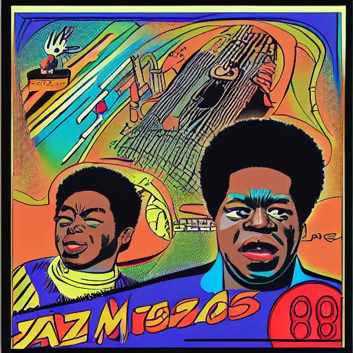 Prompt: jazz album cover from 1961 by Sun Ra in the style of Studio Ghibli and 1960s americana comics, HQ 8k SCAN