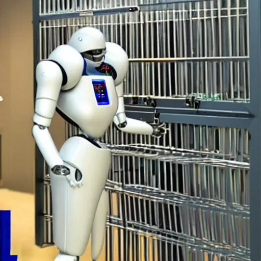 Prompt: Artificial intelligent robot locking humans into a cage