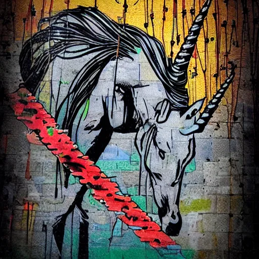 Image similar to muscular unicorn wrapped in barbed wire, punkrock banksy poster, colored photocopy collage, photorealistic