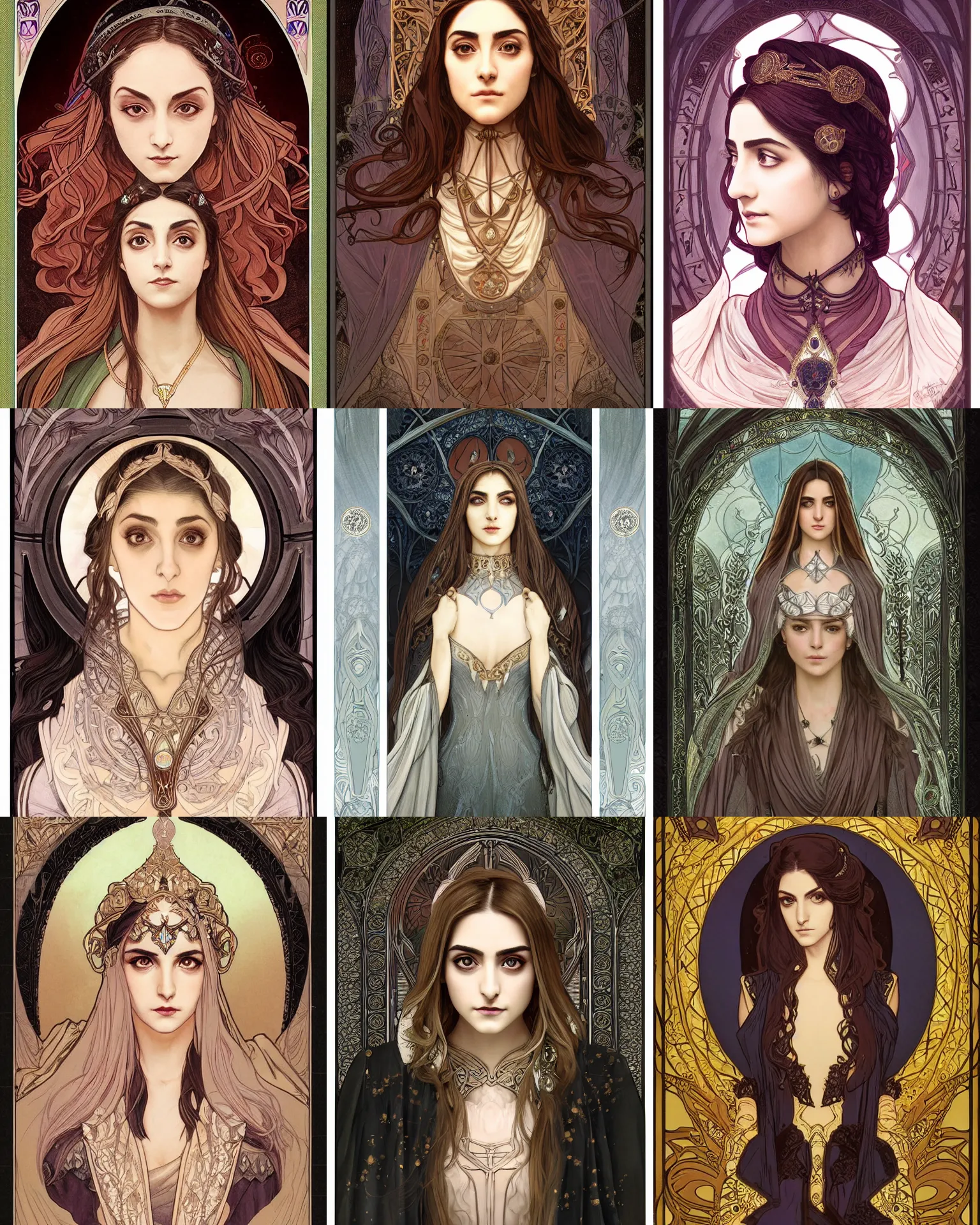 Prompt: masterpiece symmetrical centered bust-view portrait, Maya Ali as D&D sorcerer, single head, Neo-Gothic, Art Nouveau style, cell shaded, wizard robe, fantasy, delicate, elegant, in the style of Ross Tran and Alphonse Mucha and Ayami Kojima and Charlie Bowater and Jean Delville, tarot card style, cinematic specular lighting, rich bright colours