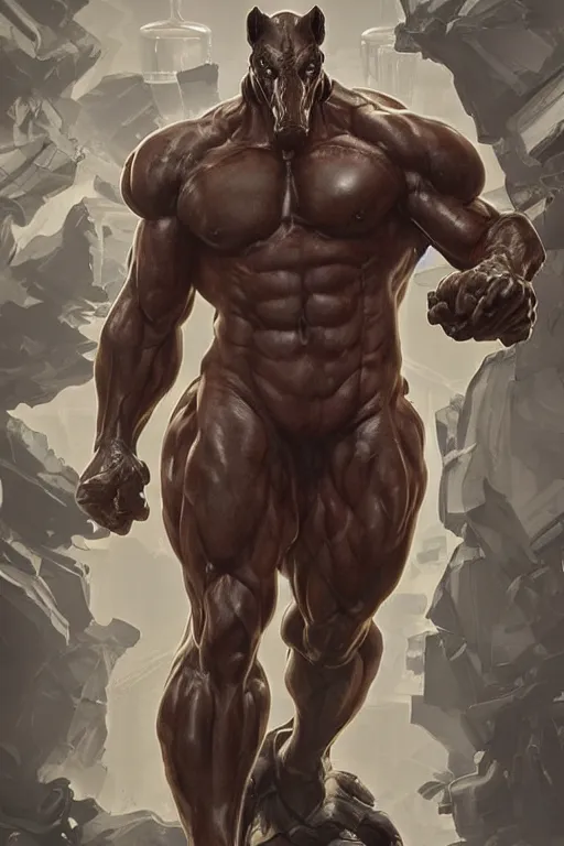 Image similar to splash art of a monstrously buff and muscular anthropomorphic horse at a research facility wearing a power - restricting suit, leather suit, highly detailed, digital painting, trending on artstation, concept art, sharp smooth focus, illustration, art by artgerm and greg rutkowski and alphonse mucha