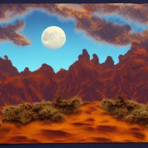 Image similar to matte painting oil impresionist mountainrange desert few clouds moonlight