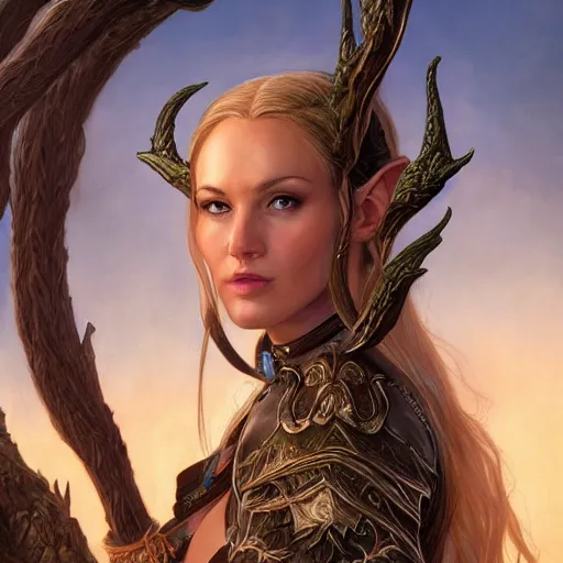 Image similar to Elven Huntress, detailed, centered, digital painting, artstation, concept art, donato giancola, Joseph Christian Leyendecker, WLOP, Boris Vallejo, Breathtaking, 8k resolution, extremely detailed, beautiful, establishing shot, artistic, hyperrealistic, beautiful face, octane render, cinematic lighting, dramatic lighting, masterpiece