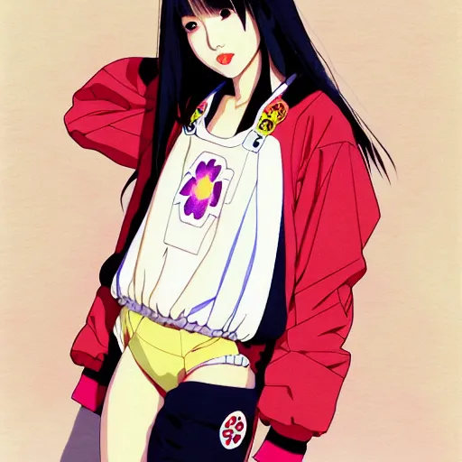 Image similar to a beautiful japanese natalie portman gravure model, wearing oversized native designer bomber jacket and leotard with overalls, bulky poofy bomber jacket with mesoamerican patterns, mesoamerican native street fashion, gapmoe yandere grimdark, trending on pixiv fanbox, painted by greg rutkowski makoto shinkai takashi takeuchi studio ghibli, akihiko yoshida