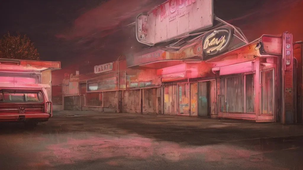 Prompt: an empty parking lout outside an abandoned retro diner at night, by lee madgwick and bastien lecouffe - deharme, pink and orange neon lights, highly detailed, photorealistic, artstation trending, cryenging 8 k uhd