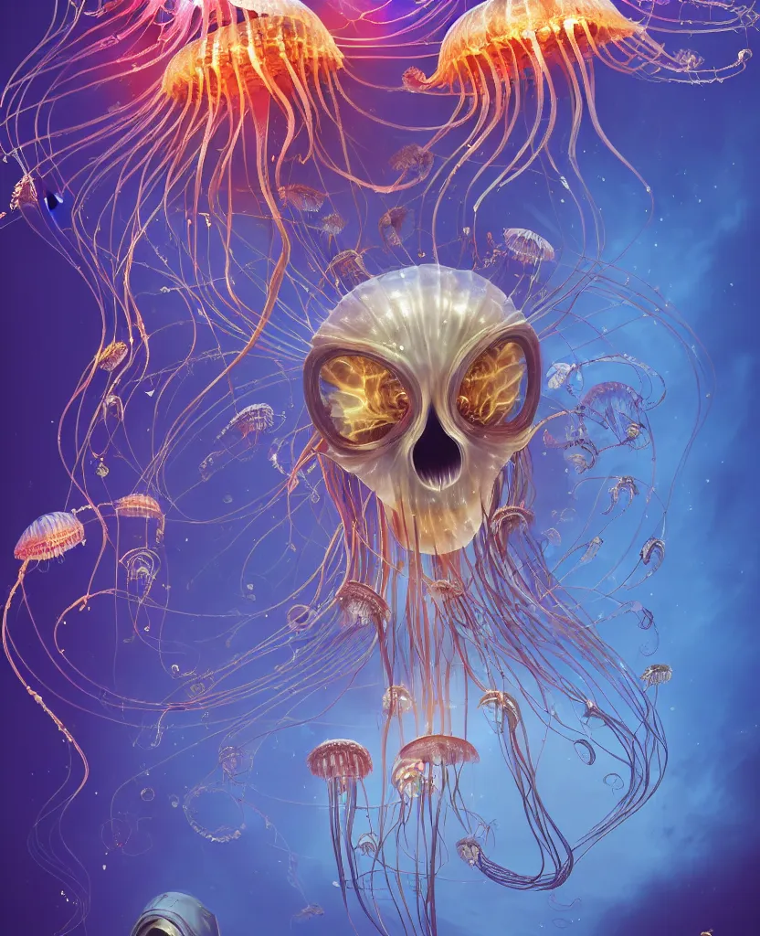 Image similar to close-up portrait of the face of a beautiful princess in a twisted flowers jellyfish mask in a spaceman suit surrounded by energy flow, epic angle and pose, symmetrical artwork, 3d with depth of field, blurred background, floating jellyfish skull phoenix bird, translucent, nautilus, energy flows of water and fire. a highly detailed epic cinematic concept art CG render. made in Maya, Blender and Photoshop, octane render, excellent composition, cinematic dystopian brutalist atmosphere, dynamic dramatic cinematic lighting, aesthetic, very inspirational, arthouse. y Greg Rutkowski, Ilya Kuvshinov, WLOP, Stanley Artgerm Lau, Ruan Jia and Fenghua Zhong