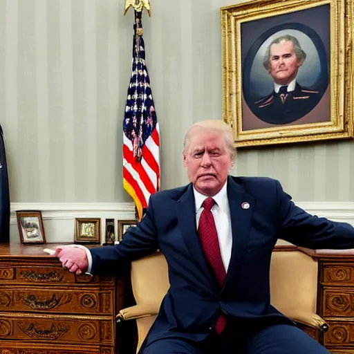 Prompt: senator armstrong!!!!!!!!!!! from metal gear rising revengeance sitting behind resolute desk, oil painting, presidential portrait, oval office