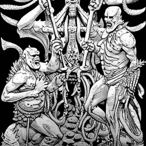 Prompt: Fishmen worshipping a statue of Cthulu in a dark cave. D&D. Pen and ink. Black and white. Mike Mignola, Erol Otus, Larry Elmore.