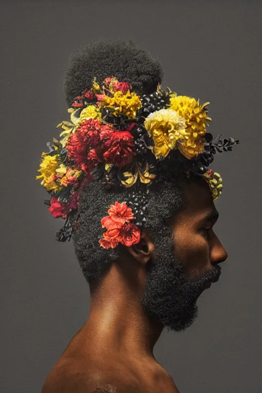 Image similar to a black young man's face in profile, made of flowers and fruit, in the style of the Dutch masters and Alec Soth, dark and moody