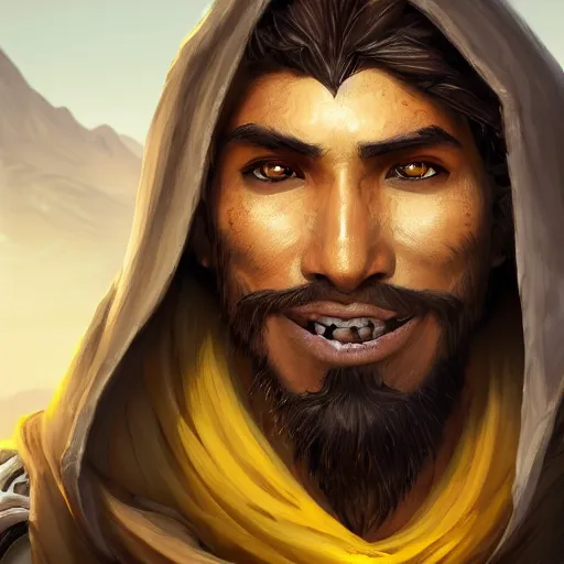 Image similar to portrait of young wild arabian nomad half werewolf, with yellow cloths, league of legends splash art, hearthstone splash art, full body shot, rule of thirds, ultrafine hyperrealistic detailed face, artgerm, greg rutkowski, trending on artstation, 8 k, intricately detailed, highly detailed