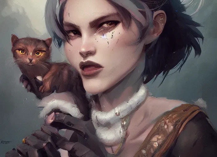 Prompt: stunningly beautiful female anthropomorphic cat character in a rock outfit Renowned character illustration by greg rutkowski trending on ArtStation, deviantart, SFW version, high detail, stylized portrait H 704