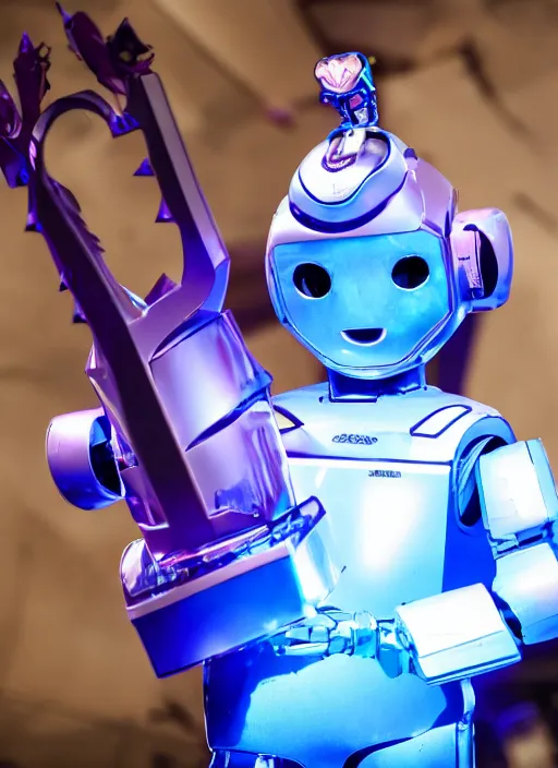 Image similar to apocalyptic scene, a cute humanoid robot holds a trophy over his head with purple and teal lightning in the background