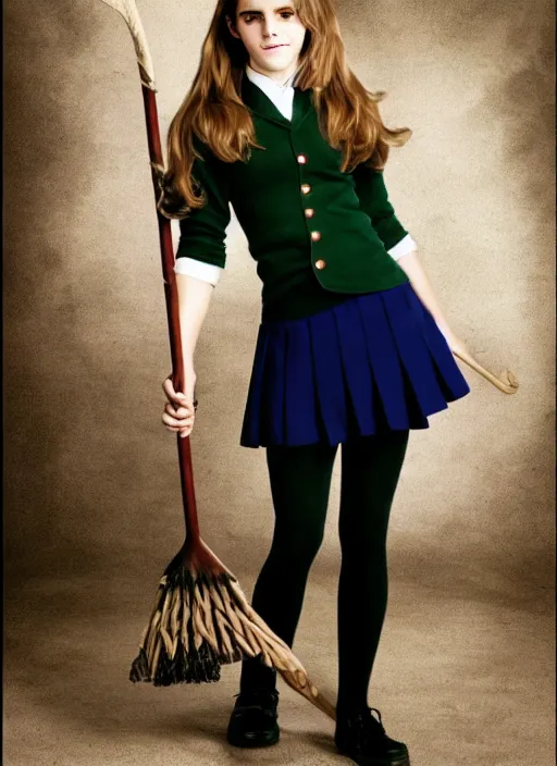 Image similar to emma watson as hermione granger in her school uniform, holding her broomstick, photo shoot, cute