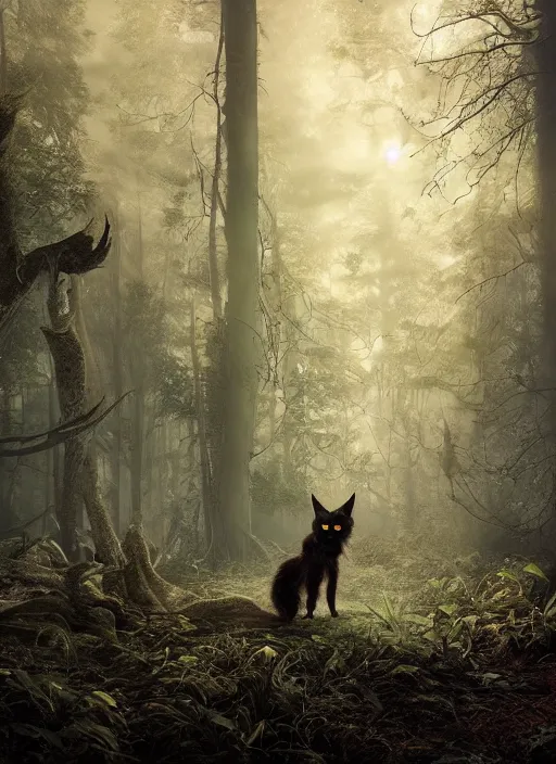 Image similar to a ominous furry creature with long twisted ears standing in a forest, big yellow glowing eyes, dark fantasy, michael kutsche, concept render, beautiful lighting