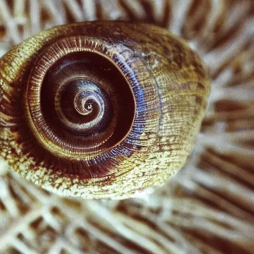Image similar to a snail with an eyeball for a shell, shell with the texture of an eyeball, eyeball shaped like a shell