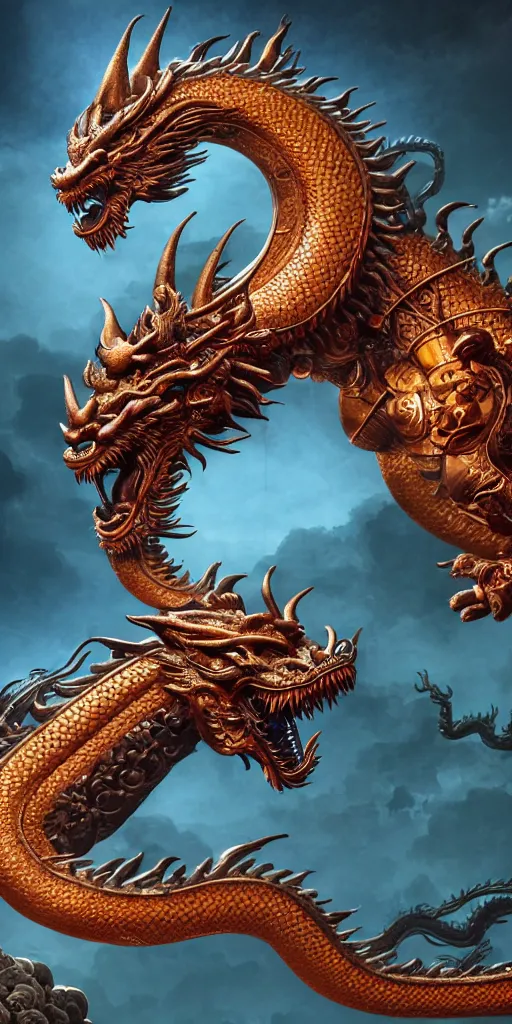 Image similar to a beautiful obverse portrait render of a single huge chinese dragon, mechanical, metal, front view, fine texture structure, hyper detailed, perfect shadows, atmospheric lighting, 3 d render, the style of pascal blanche and sparth juan zigor samaniego, paul pepera pablo roldan, victo ngai, denoise, from china, 4 k hd