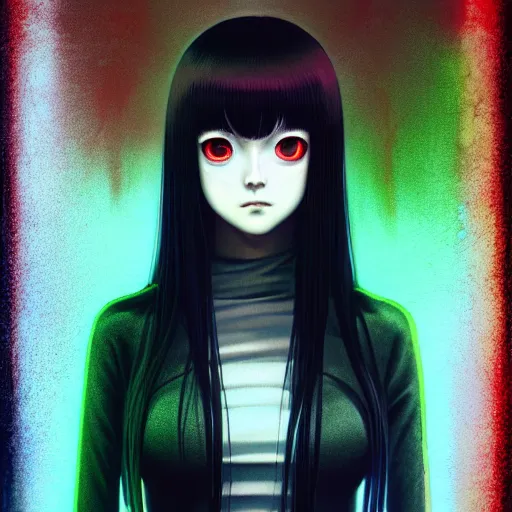 Image similar to i see you palp by junji ito, green red black blue eyes and long black hair by junji ito, painted by junji ito, rtx reflections, octane render 1 2 8 k, extreme high intricate details by wlop, digital anime art by ross tran, wide shot, composition by ross tran, lighting by wlop