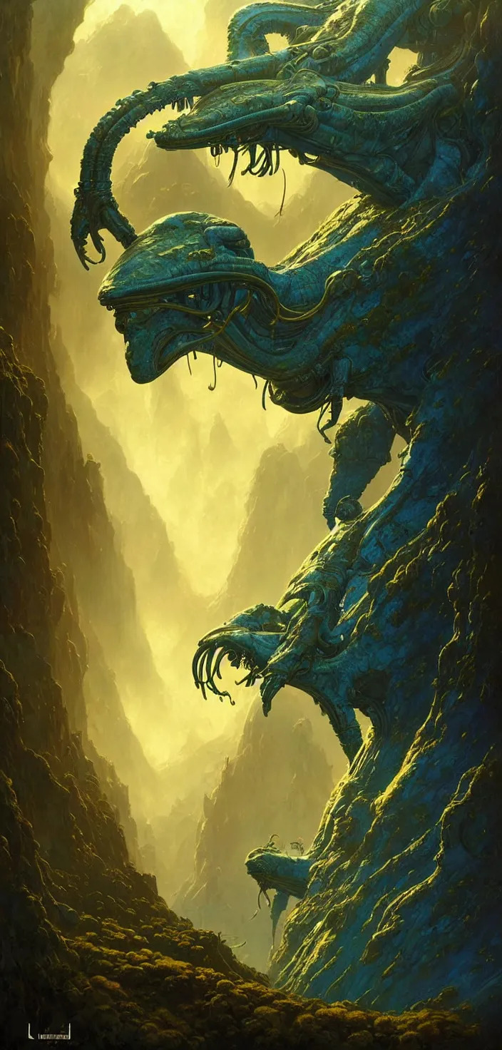 Image similar to exquisite, imaginative alien creature poster art, humanoid, lush alien landscape, tall mountain, colourful movie art, by lucusfilm weta studio tom bagshaw james jean frank frazetta, muca, james gurney, blue and gold